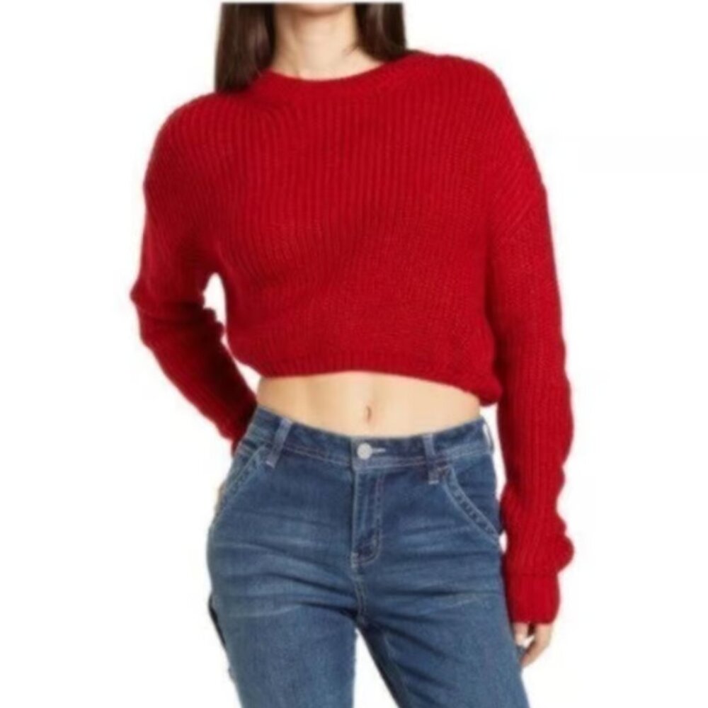 Elodie Red Crew Neck Cropped Ribbed Sweater XL